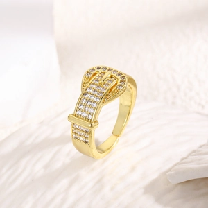 Close-up of 18k gold plated belt buckle ring featuring white micro-pave zircons
