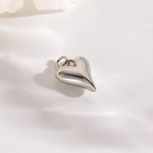 Ciondolo a cuore 3D in argento lucido su sfondo di seta con fiori bianchi secchi