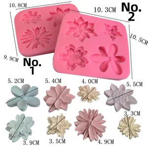 Detailed view of pink silicone daisy flower fondant molds with exact size measurements