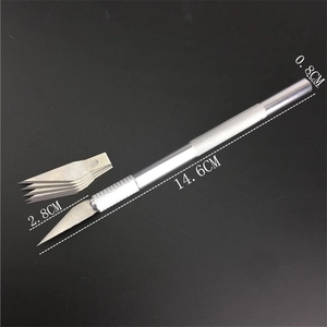 Precision craft knife set with non-slip silver handle and five spare blades for DIY projects