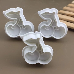 3pcs cherry shape cookie cutters for fondant and cake decorating in white plastic