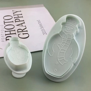 Set of two cute snowman cookie cutters in light green plastic for DIY baking and fondant