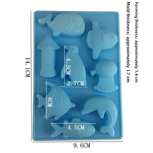 Blue silicone mold featuring 8 diverse sea creature shapes with detailed dimensions