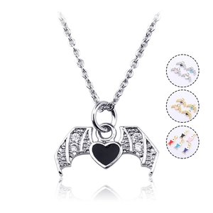 Gothic Bat Wing Heart Pendant Necklace Gold Plated Copper Enamel Zirconia Fish Charm DIY Jewelry For Halloween Women