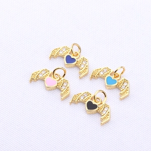 Bat wing heart pendant charms with enamel inlay and sparkling zircon for DIY jewelry