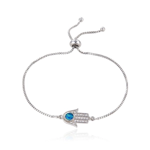 Zilveren Hamsa Hand armband met blauwe opaal en witte zirkoon, verstelbare bolo-doosketting