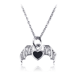 Gothic bat wing heart necklace in silver finish with black enamel and zircon stones