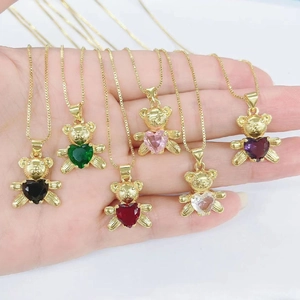 Trendy Copper Zircon Heart Teddy Bear Panda Pendant Necklace For Women Gold Plated Animal Shape Box Chain Jewelry Gift
