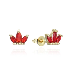 Golden crown earrings with red marquise cubic zirconia stones and butterfly backs
