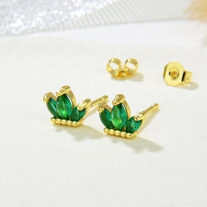 Elegant gold crown stud earrings with green marquise stones and butterfly backings