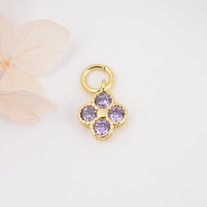 Gold-plated clover pendant with purple cubic zirconia crystals for jewelry DIY making
