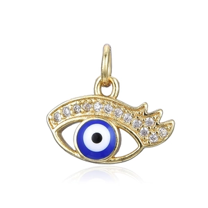 Golden evil eye pendant with sparkling cubic zirconia and blue enamel for necklaces