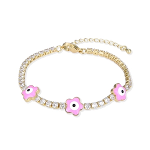 Bracciale tennis dorato con fiori in smalto rosa e ciondoli occhio turco in zirconi