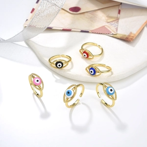 Vintage Evil Eye Open Adjustable Ring For Women Copper Gold Plated Enamel Oval Devil Eye Statement Ring Retro Jewelry Gift