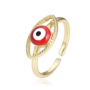 Vintage evil eye adjustable gold ring with red enamel oval centerpiece for women