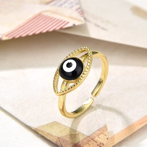 Retro golden evil eye adjustable ring with black white enamel inlay and beaded texture