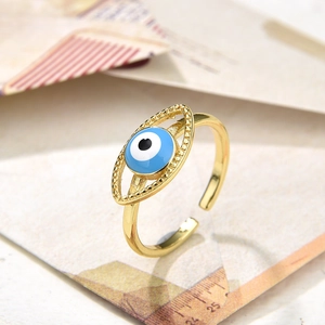 Vintage gold evil eye open ring with blue enamel and adjustable band for women