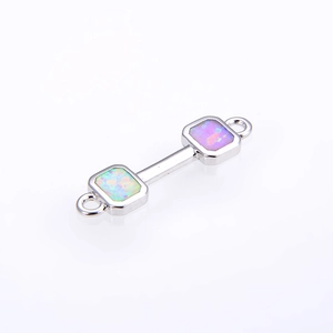 Polished silver dumbbell jewelry connector with vibrant square opal stones and double loops