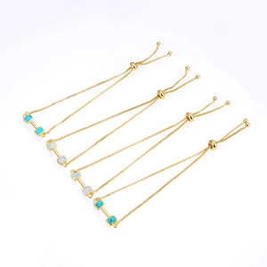 Adjustable gold plated box chain bracelets featuring colorful square opal stones