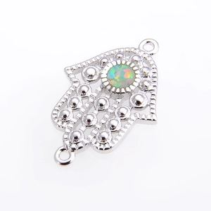 Silberner Hamsa-Hand-Verbinder mit schillerndem Opal-Inlay für DIY-Schmuckbau