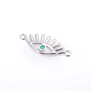 Silver evil eye connector charm with green opal stone and radial eyelash details
