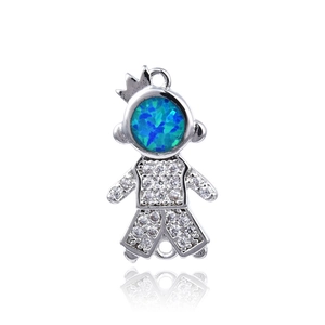 Polished silver boy pendant with blue opal head and sparkling cubic zirconia pavé setting