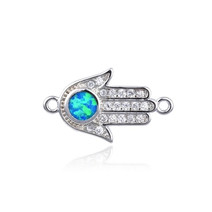 Silberner Hamsa-Hand-Verbinder mit blauem Opal und Zirkonia für DIY-Schmuckherstellung
