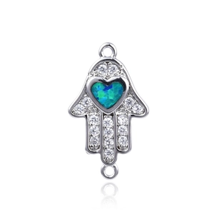 Hamsa-Hand-Anhänger mit herzförmigem blauem Opal und Zirkonia-Pflaster in Silber