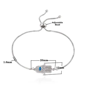 Pulsera de mano de Fátima ajustable con gema azul y cadena de caja de 1,0 mm