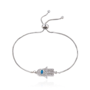 Pulsera Mano de Fátima ajustable de plata con gema azul y piedras de circonita