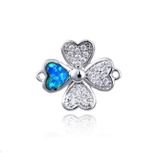 Silver four-leaf clover bracelet connector with blue opal and shimmering zircons