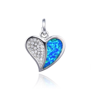 Pendentif coeur en argent avec zircone blanc brillant et incrustation d'opale bleue