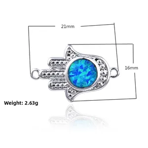 Silver Hamsa pendant with blue opal stone and measurement details 21mm by 16mm