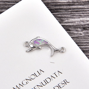 Detailed silver dolphin connector with purple opal inlay and white zircon for DIY jewelry