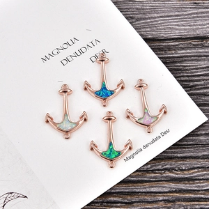 Handmade anchor charms with opal and zircon in rose gold plating for DIY bracelets