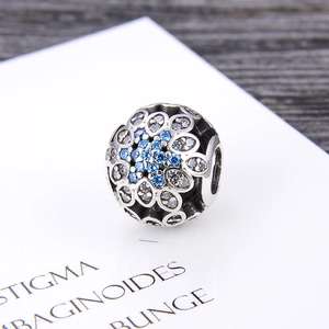 Hollow S925 silver flower charm bead with blue zircon crystals for DIY bracelet