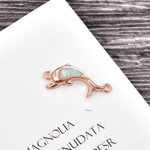 Rose gold dolphin pendant with opal inlay and dual rings for DIY jewelry making