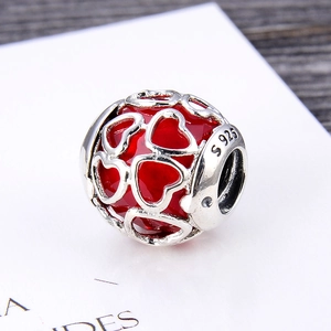 S925 sterling silver hollow heart bead with red faceted gemstone for DIY bracelets