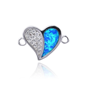 Silver heart connector with white cubic zirconia and blue opal for DIY bracelets