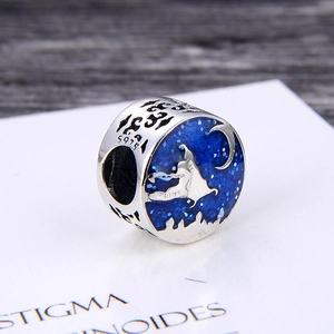 S925 sterling silver night sky charm with blue moon and mountain landscape design