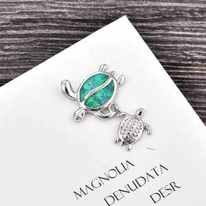 Detailed view of silver turtle pendant featuring a vibrant green synthetic opal inlay
