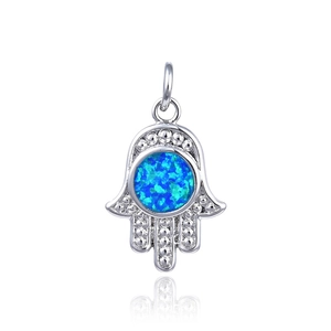 Hamsa hand pendant with blue fire opal and micro-bead setting on white background