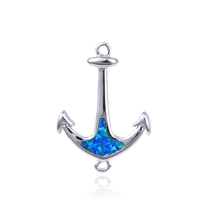 Silver anchor pendant connector with blue opal inlay and cubic zirconia for DIY bracelets
