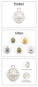 Detailed view of hollow metal bell pendants in five metallic finishes for DIY jewelry