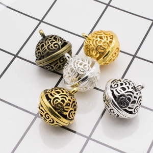 Set of five hollow floral pattern metal bell pendants for DIY jewelry making in various finishes