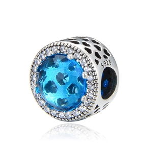 S925 Sterling Silver charm bead with deep blue heart-cut zircon and white crystal accents