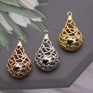 Three hollow bird nest heart teardrop pendants in gold, silver and rose gold metal finish