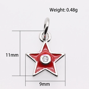 Red enamel star pendant with white zircon and silver edges, size 11x9mm, 0.48g
