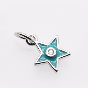 Detail of star-shaped turquoise enamel pendant with silver trim and central zircon stone