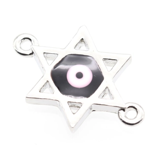 Detailed silver Star of David connector charm with pink evil eye enamel for jewelry making